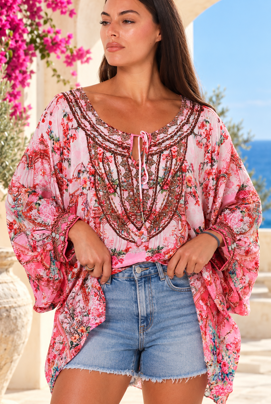 Clara Embellished Tunic Blouse Rose by Peacock Feather with rhinestone neckline floral viscose crepe one size