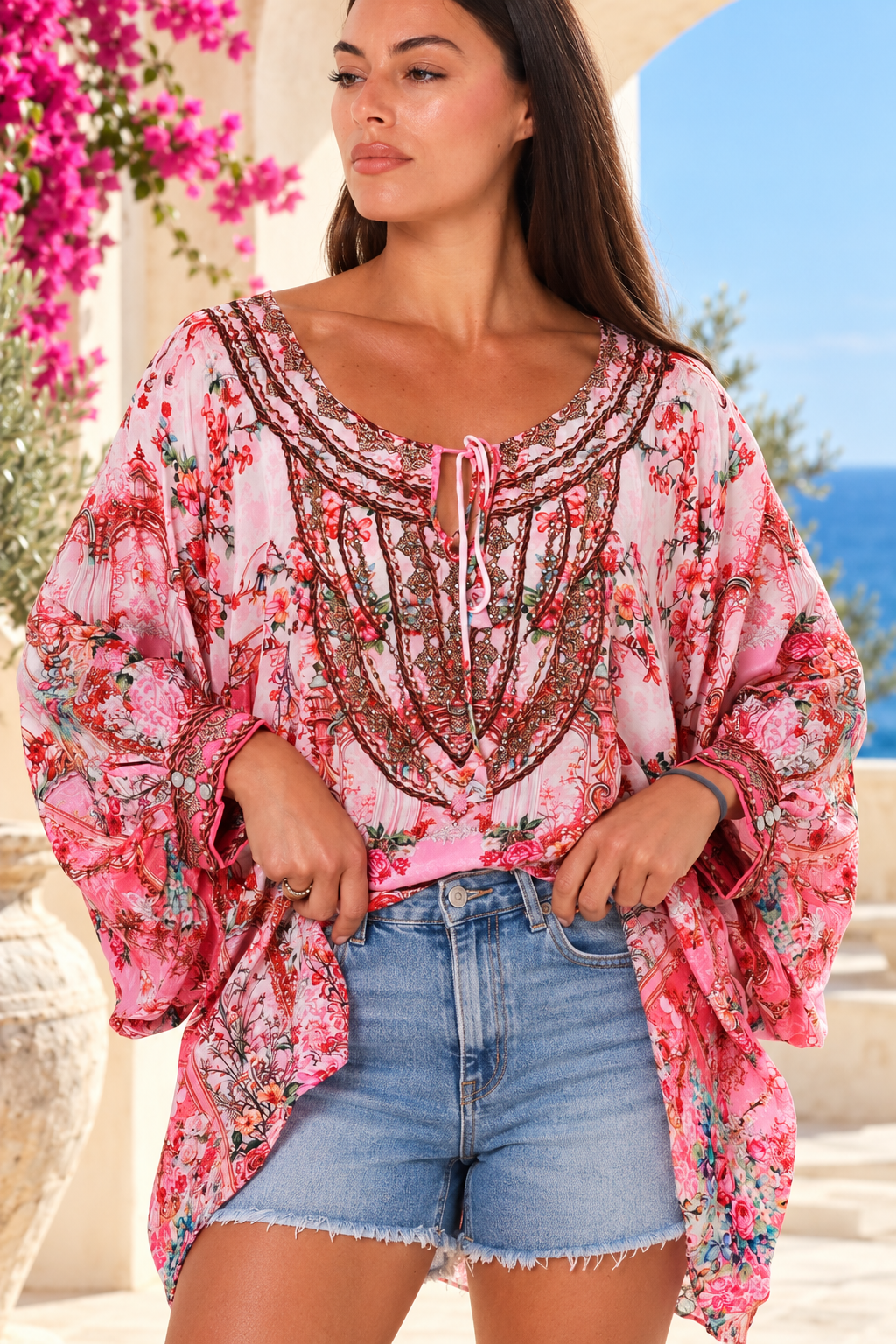 Clara Embellished Tunic Blouse Rose by Peacock Feather with rhinestone neckline floral viscose crepe one size