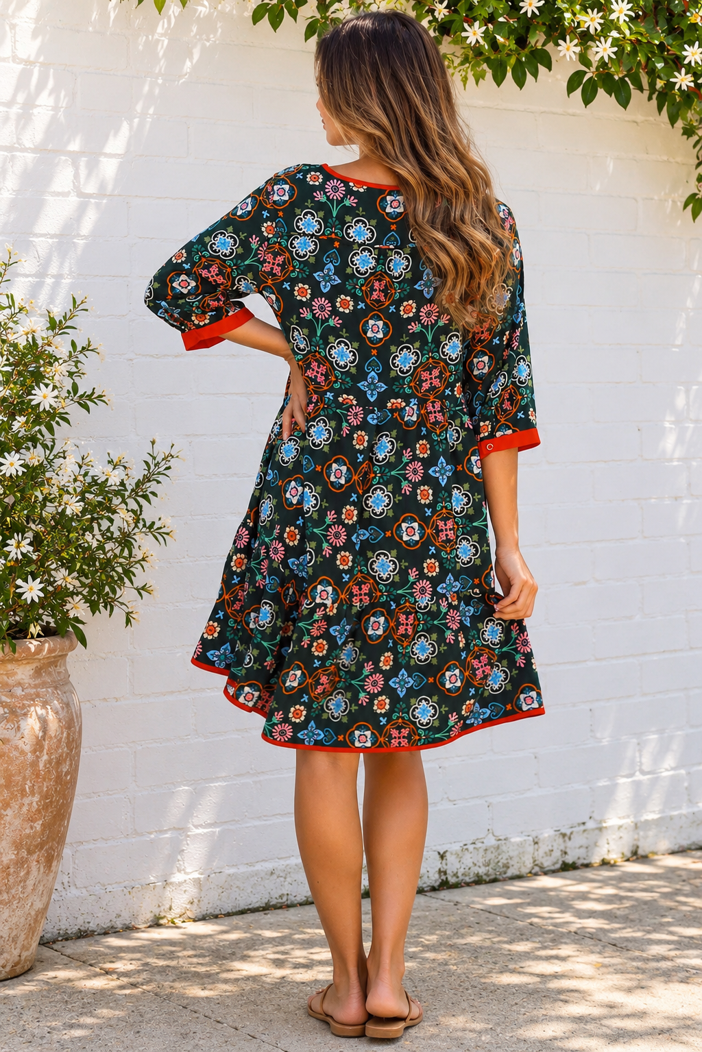 Emily rayon boho mini dress empire line waist, tie front with three quarter sleeves | Bohemian Love Runway