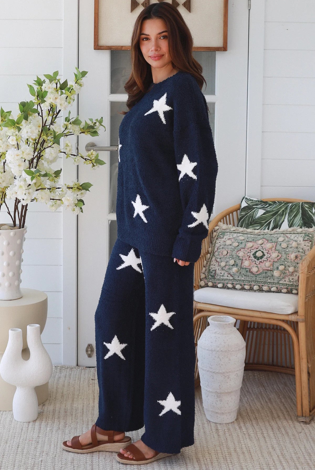 Charlotte The Label Star Soft Brushed Knit Jumper in navy featuring a soft brushed knit texture, relaxed oversized fit, white star design and matching Star Soft Brushed Knit Pants.
