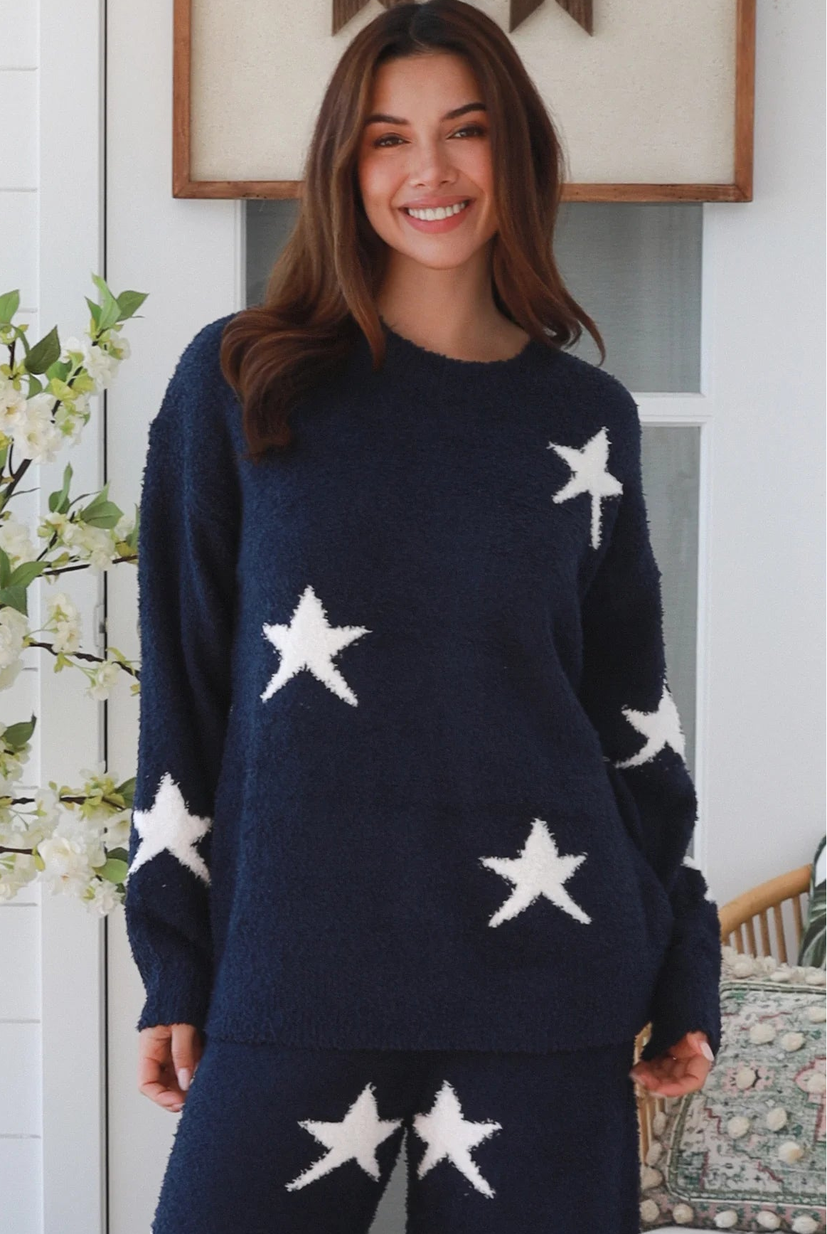 Charlotte The Label Star Soft Brushed Knit Jumper in navy featuring a soft brushed knit texture, relaxed oversized fit, white star design and matching Star Soft Brushed Knit Pants.