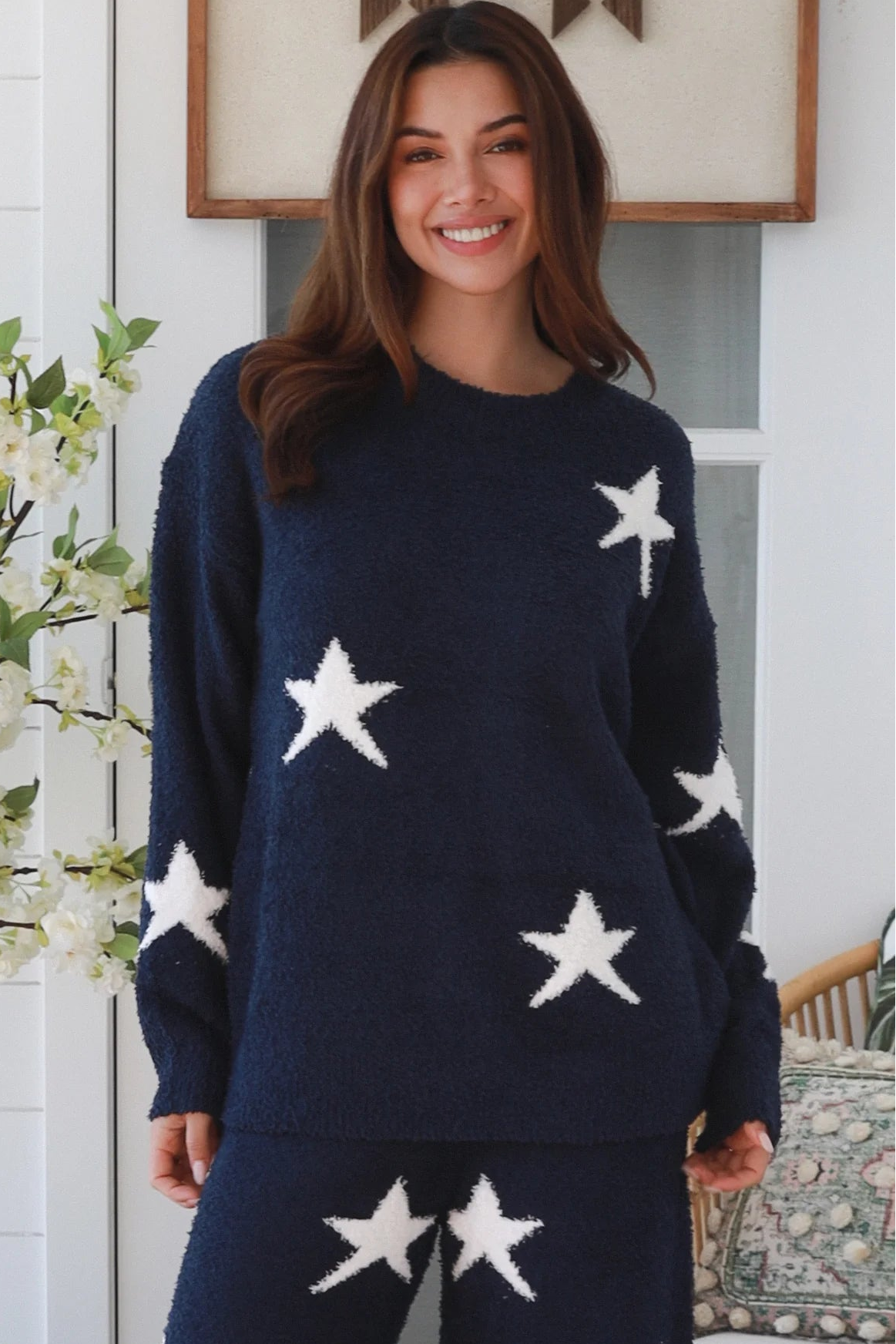 Charlotte The Label Star Soft Brushed Knit Jumper in navy featuring a soft brushed knit texture, relaxed oversized fit, white star design and matching Star Soft Brushed Knit Pants.