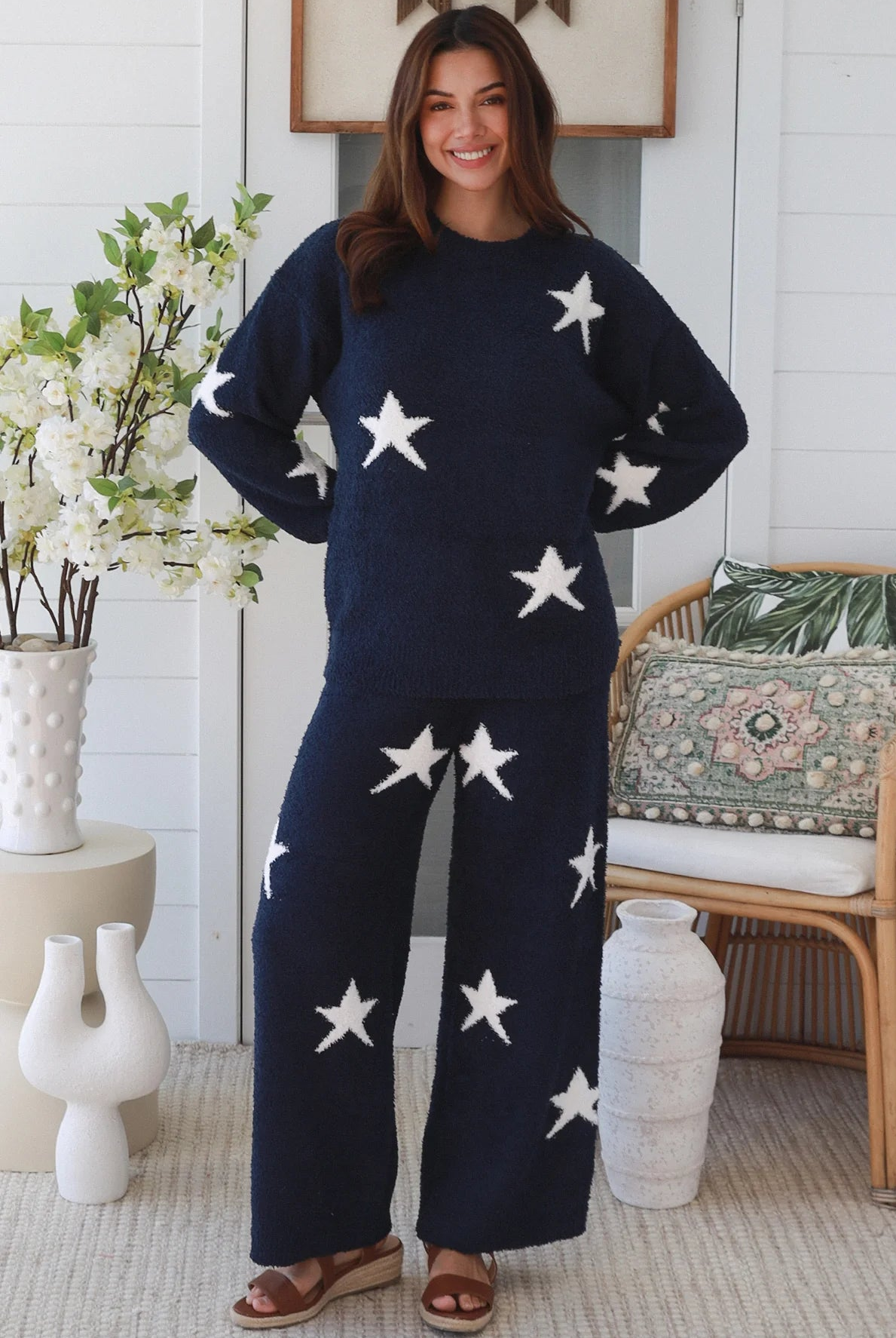 Charlotte The Label Star Soft Brushed Knit Jumper in navy featuring a soft brushed knit texture, relaxed oversized fit, white star design and matching Star Soft Brushed Knit Pants.