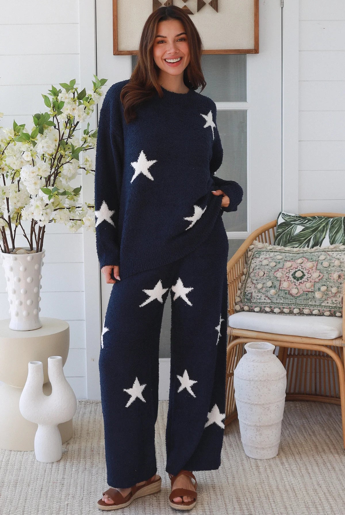 Charlotte The Label Star Soft Brushed Knit Jumper in navy featuring a soft brushed knit texture, relaxed oversized fit, white star design and matching Star Soft Brushed Knit Pants.