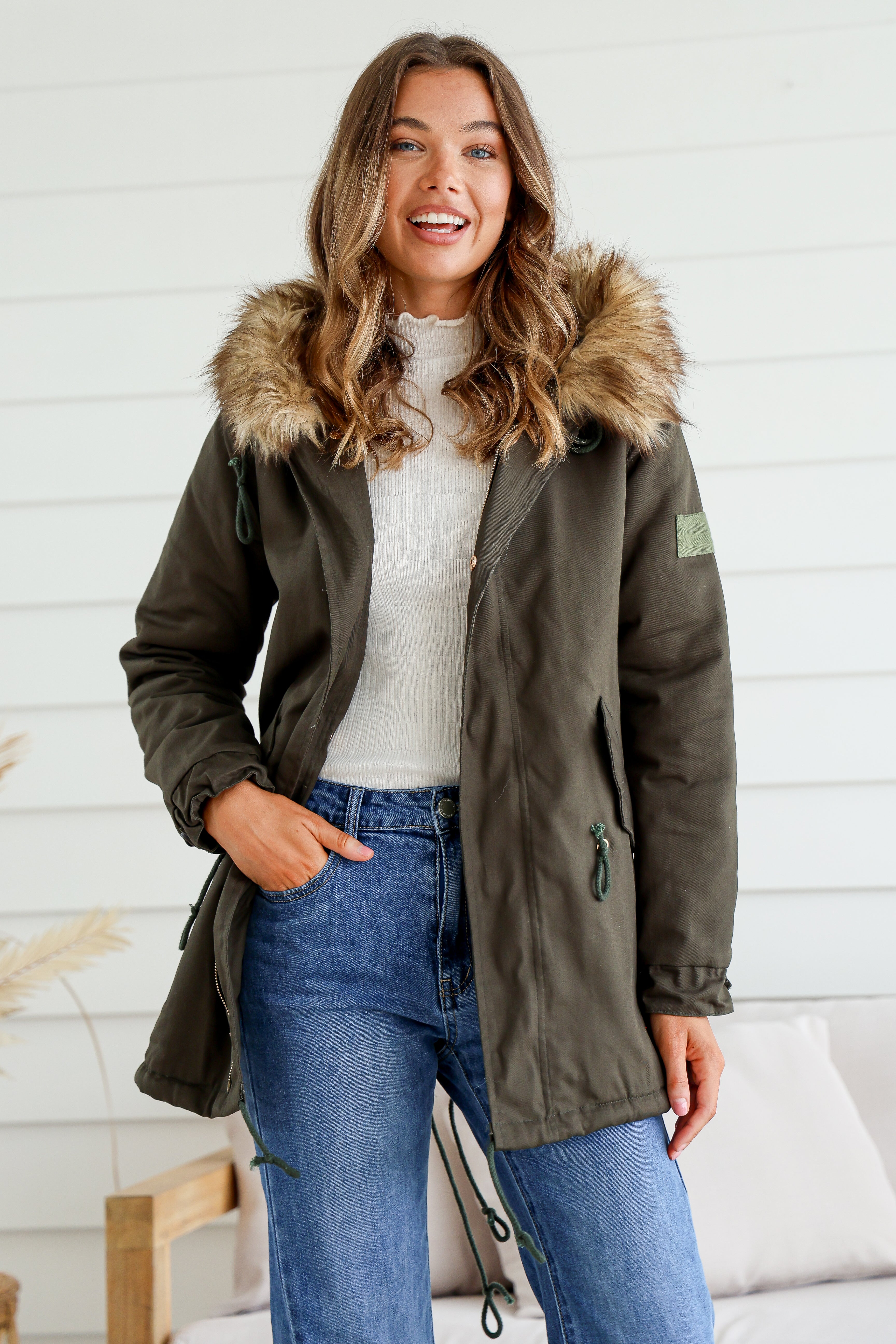 MISS MARLOW | MAYE FUR TRIM ANORAK KHAKI | Bohemian Love Runway