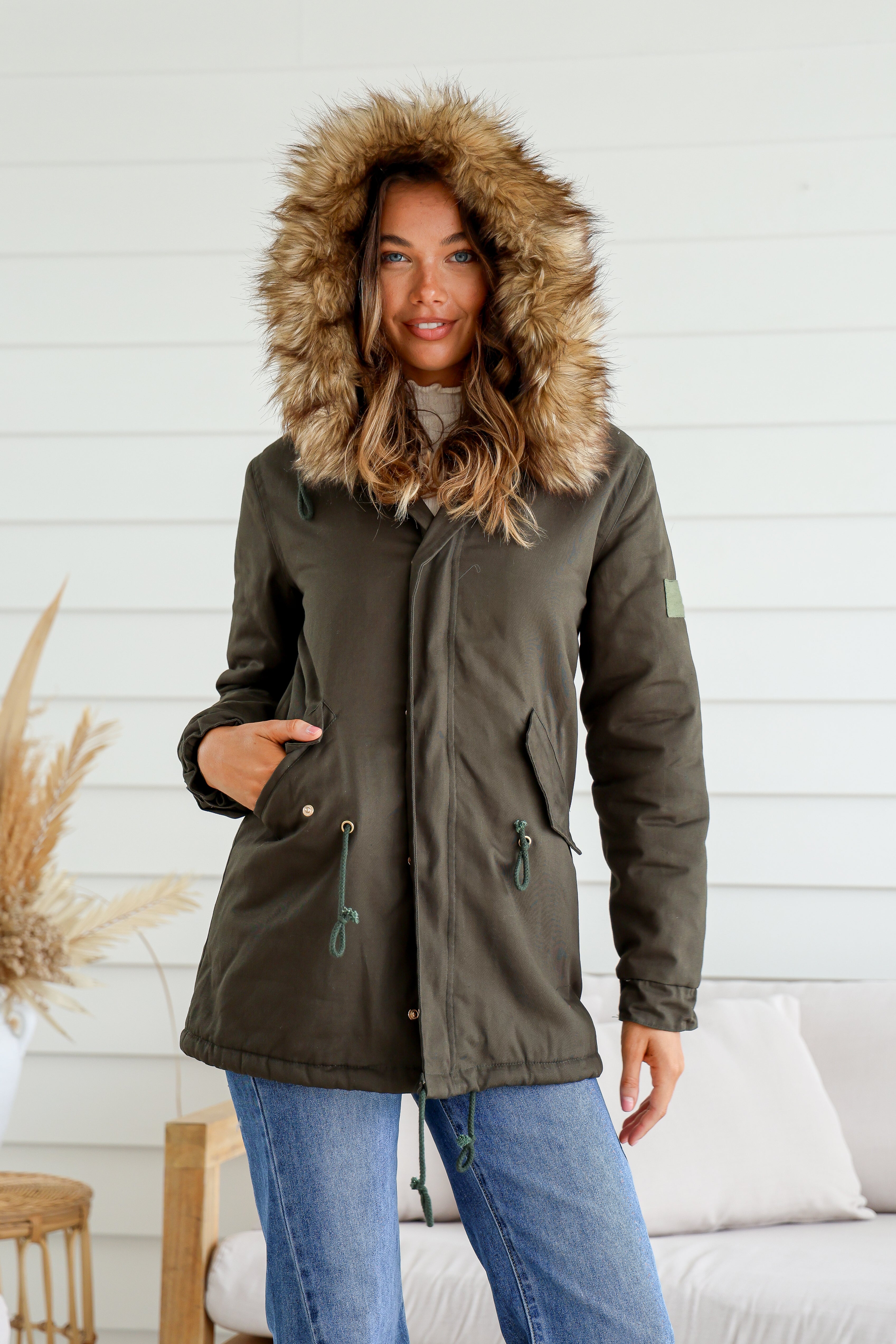 MISS MARLOW | MAYE FUR TRIM ANORAK KHAKI | Bohemian Love Runway