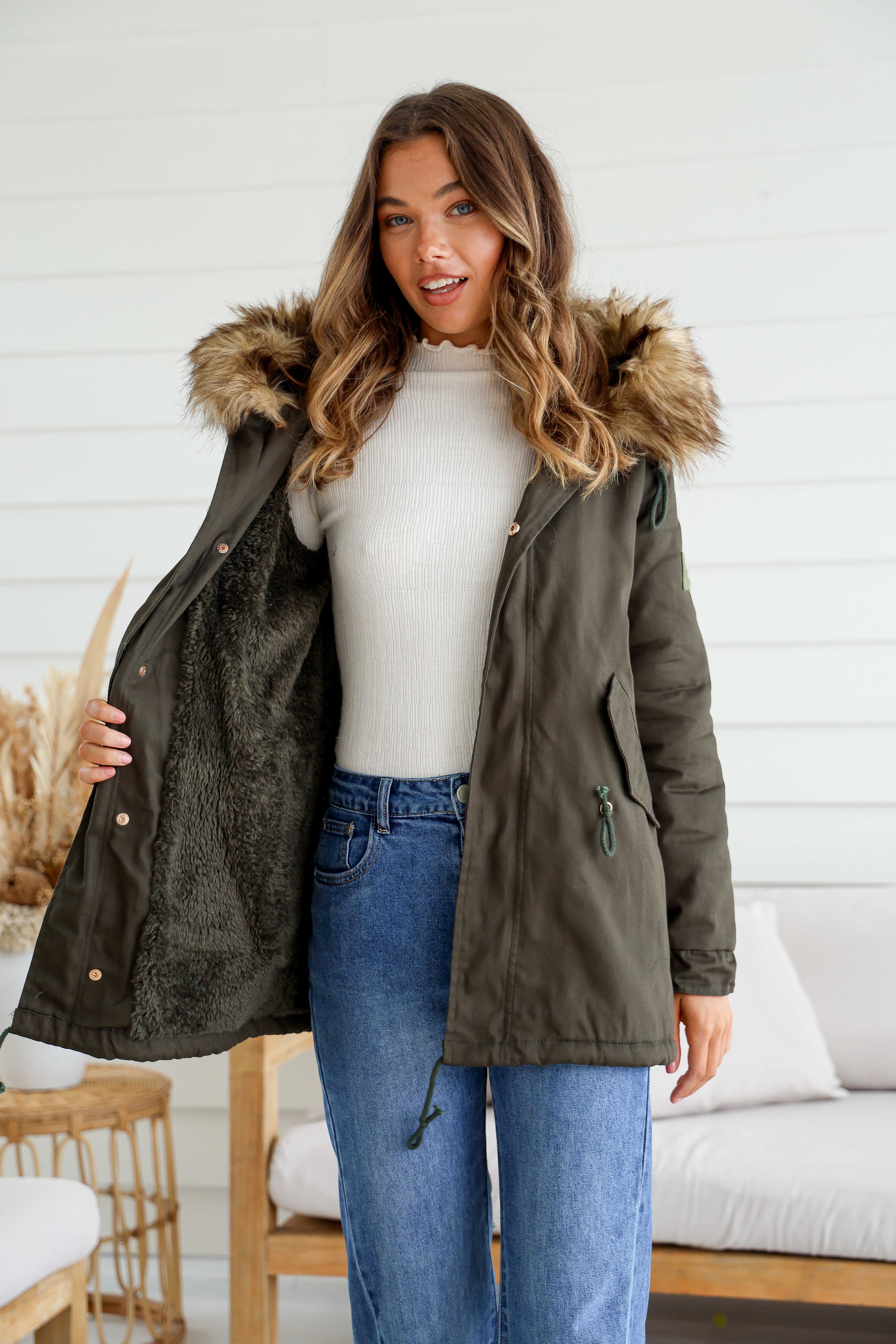 MISS MARLOW | MAYE FUR TRIM ANORAK KHAKI | Bohemian Love Runway