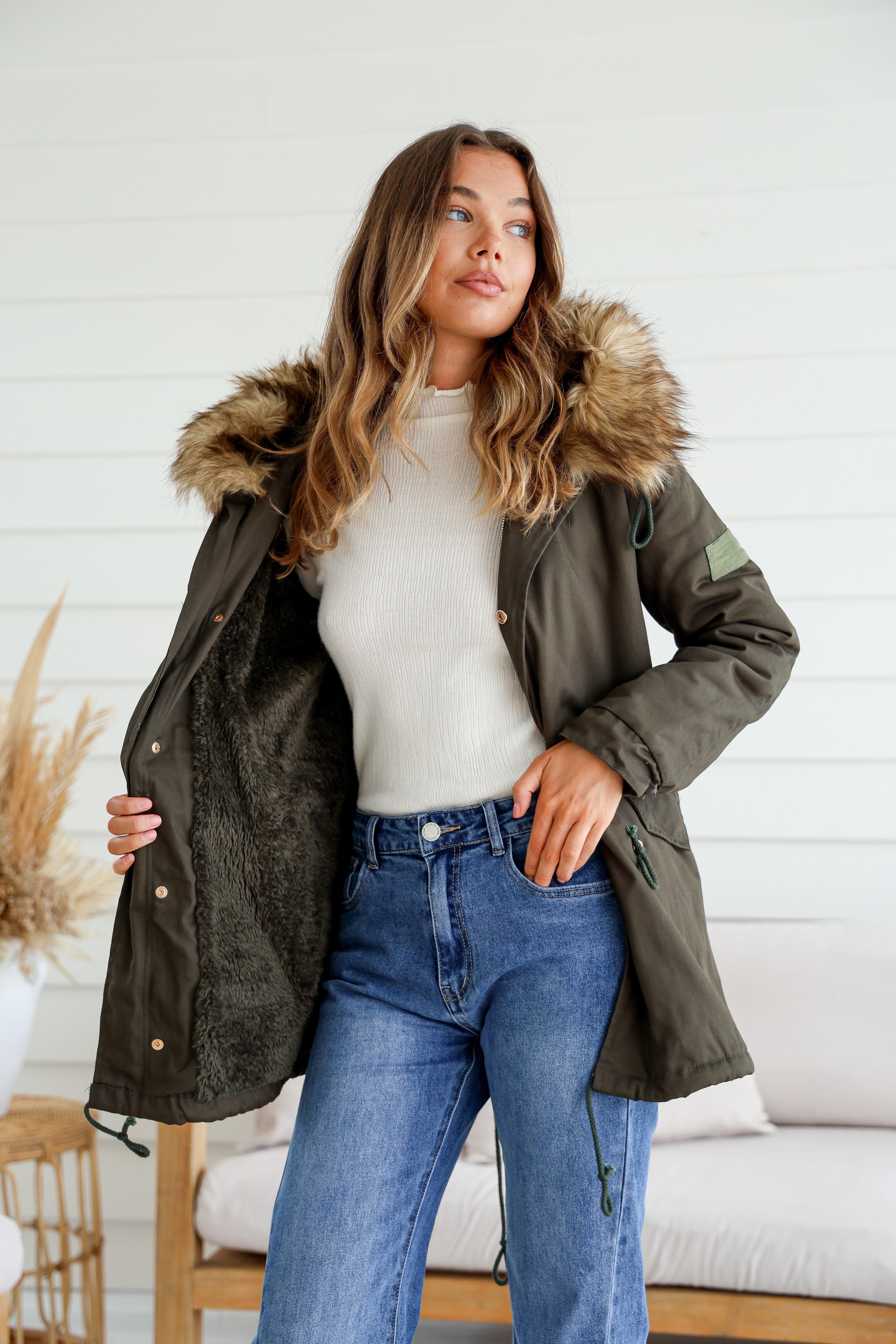 MISS MARLOW | MAYE FUR TRIM ANORAK KHAKI | Bohemian Love Runway