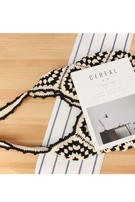 Handmade black and cream hand-stitched square crochet market bag - Moonflower Crochet Market Bag by Bohemian Love Runway.