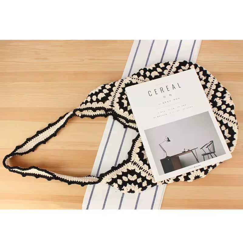 Handmade black and cream hand-stitched square crochet market bag - Moonflower Crochet Market Bag by Bohemian Love Runway.