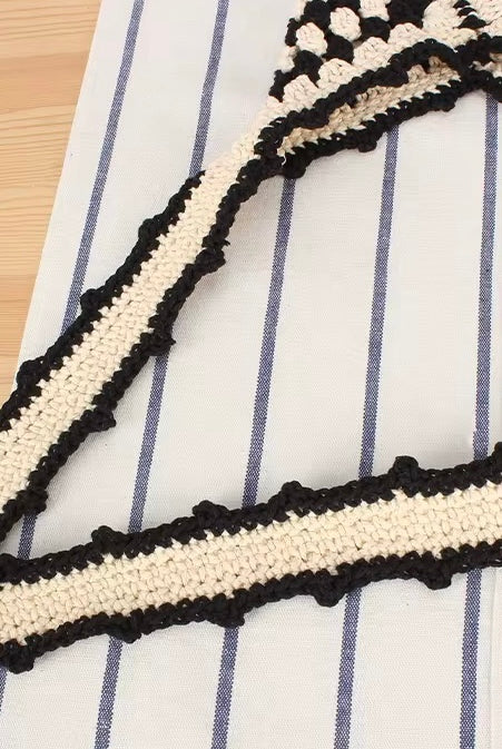 Handmade black and cream hand-stitched square crochet market bag - Moonflower Crochet Market Bag by Bohemian Love Runway.