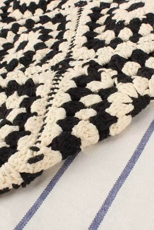 Handmade black and cream hand-stitched square crochet market bag - Moonflower Crochet Market Bag by Bohemian Love Runway.