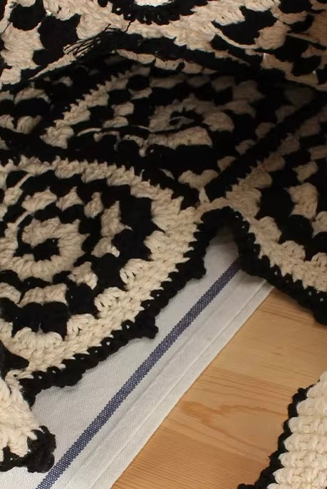 Handmade black and cream hand-stitched square crochet market bag - Moonflower Crochet Market Bag by Bohemian Love Runway.