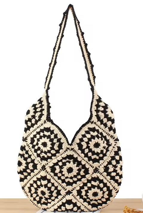 Handmade black and cream hand-stitched square crochet market bag - Moonflower Crochet Market Bag by Bohemian Love Runway.