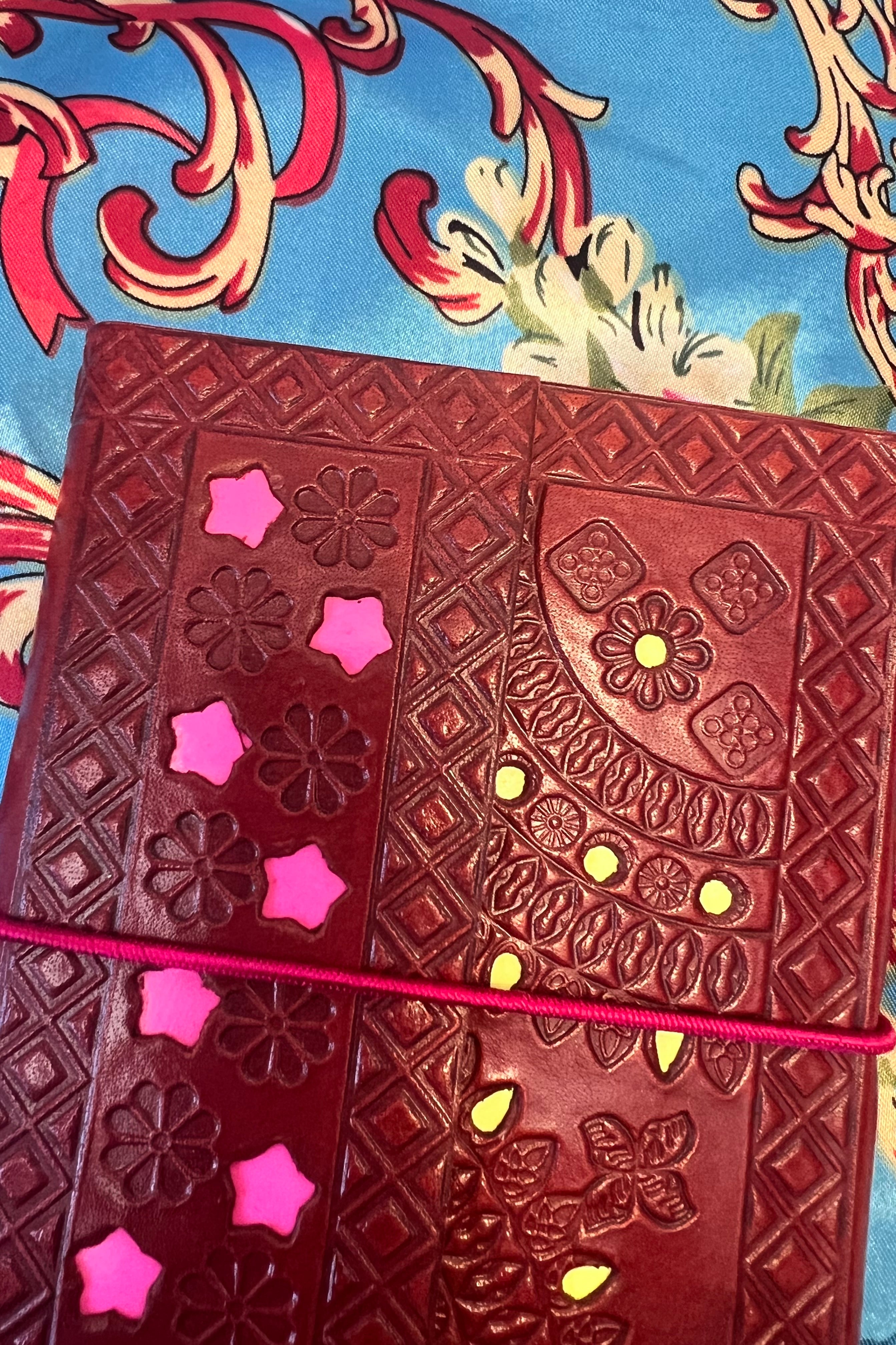 Hand-tooled rosewood red leather B5 journal with diamond embossing and elastic band - artisan boho notebook.