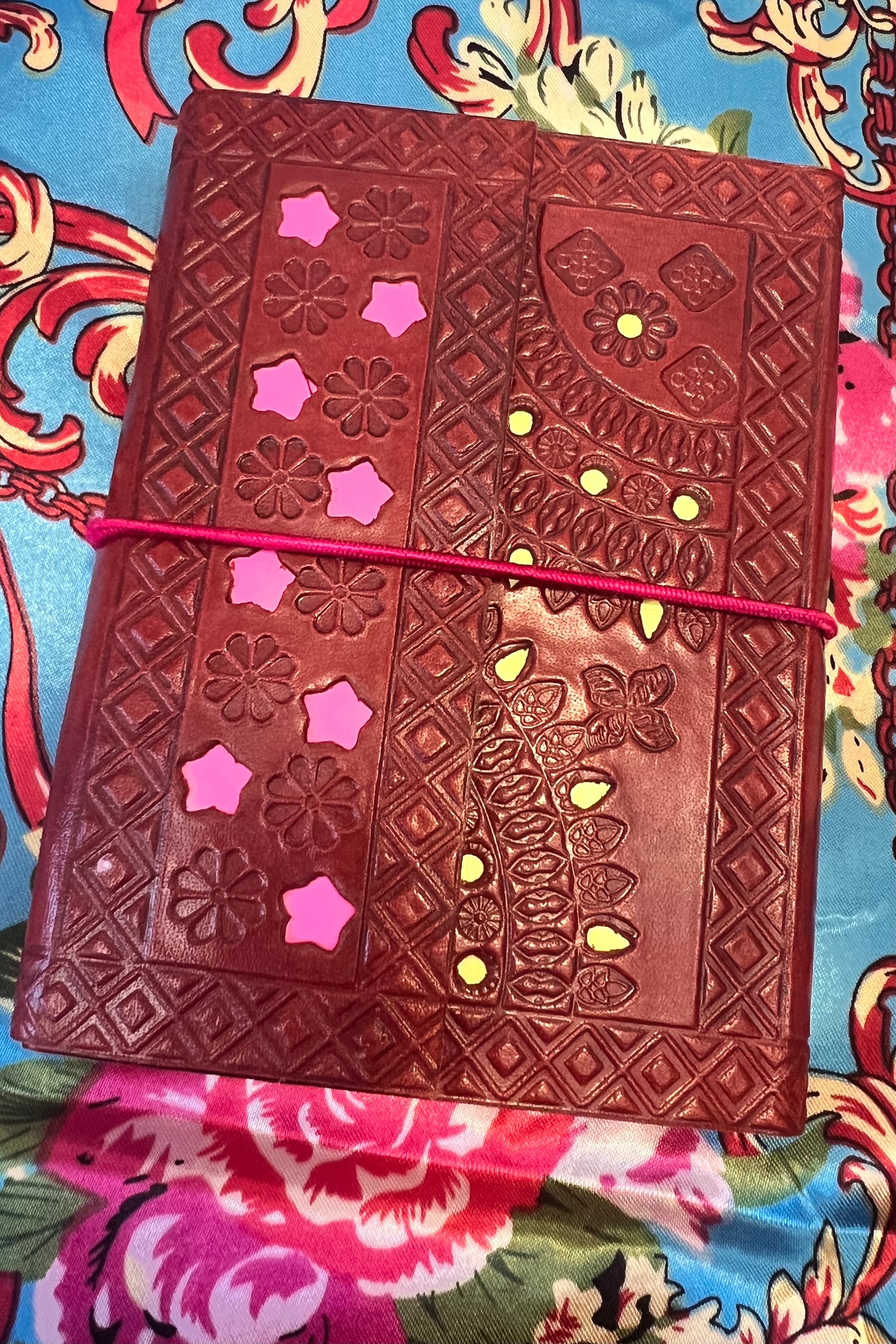 Hand-tooled rosewood red leather B5 journal with diamond embossing and elastic band - artisan boho notebook.
