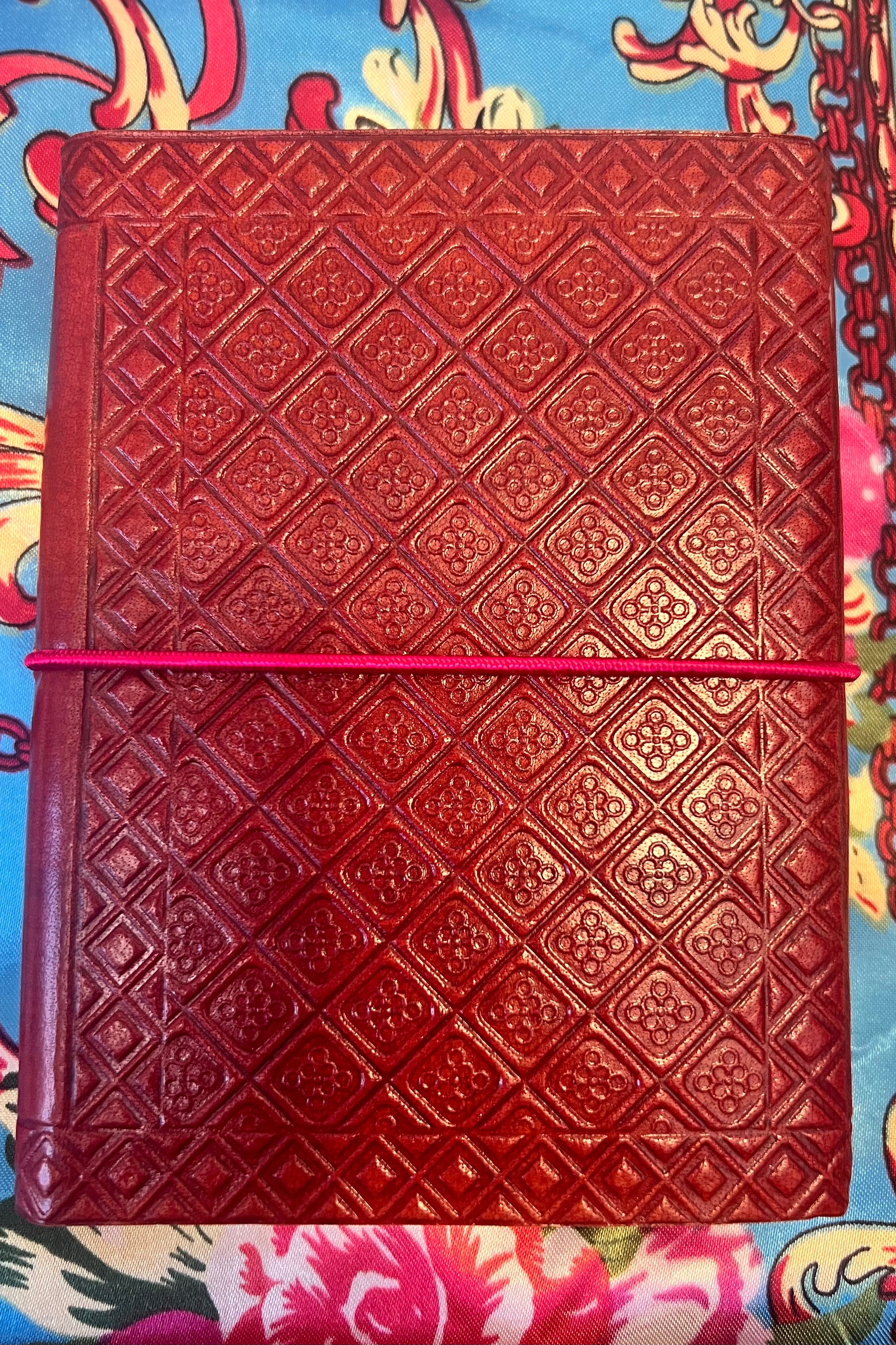Hand-tooled rosewood red leather B5 journal with diamond embossing and elastic band - artisan boho notebook.