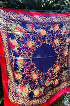 Navy satin scarf with gold baroque scrolls and floral print in red and peach - vintage boho scarf Australia.