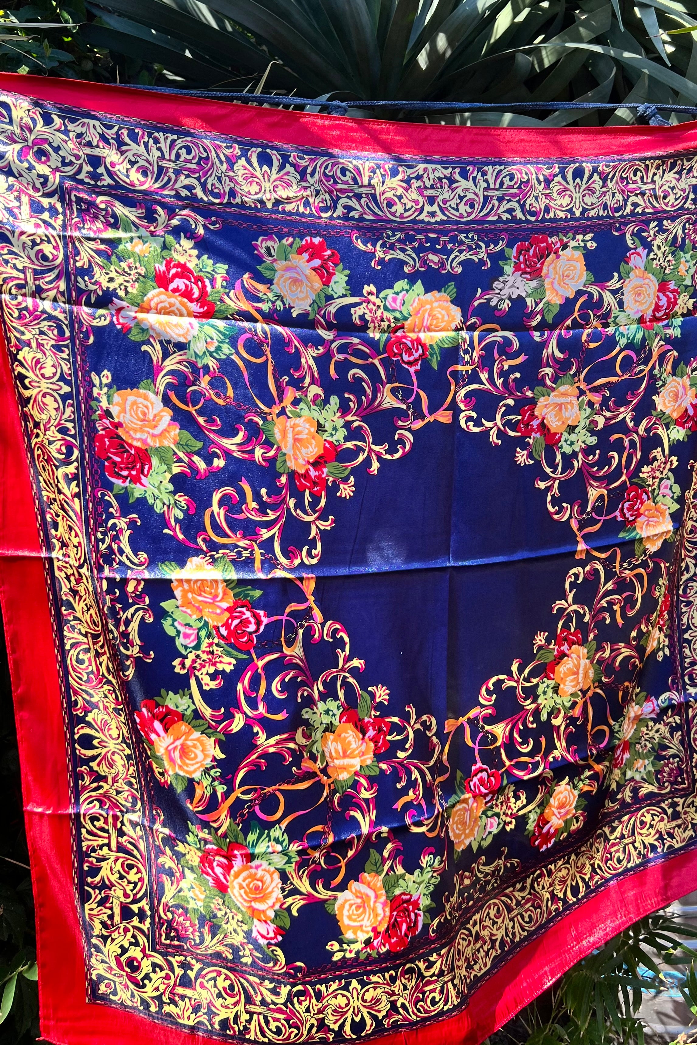 Navy satin scarf with gold baroque scrolls and floral print in red and peach - vintage boho scarf Australia.