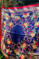 Navy satin scarf with gold baroque scrolls and floral print in red and peach - vintage boho scarf Australia.