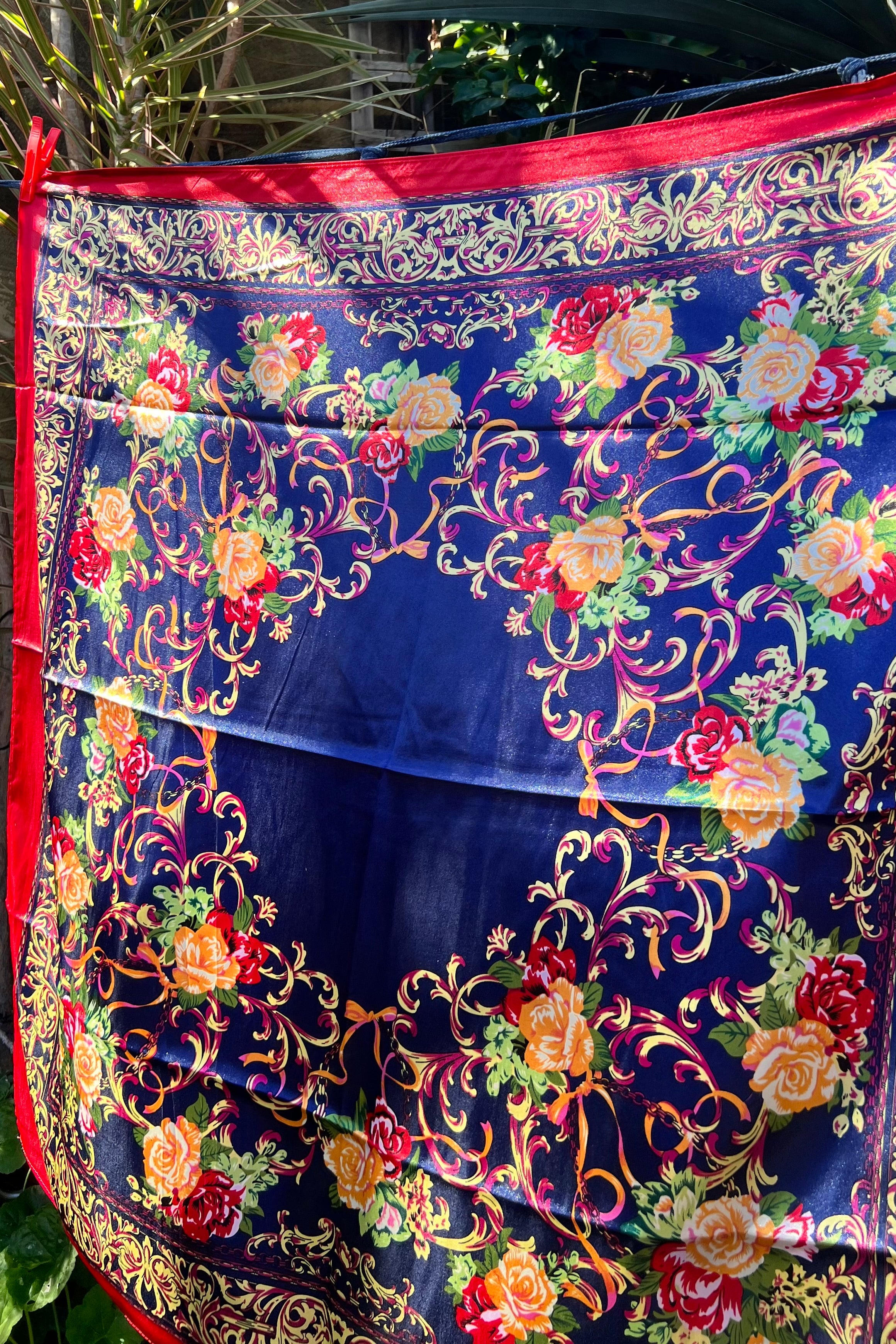 Navy satin scarf with gold baroque scrolls and floral print in red and peach - vintage boho scarf Australia.