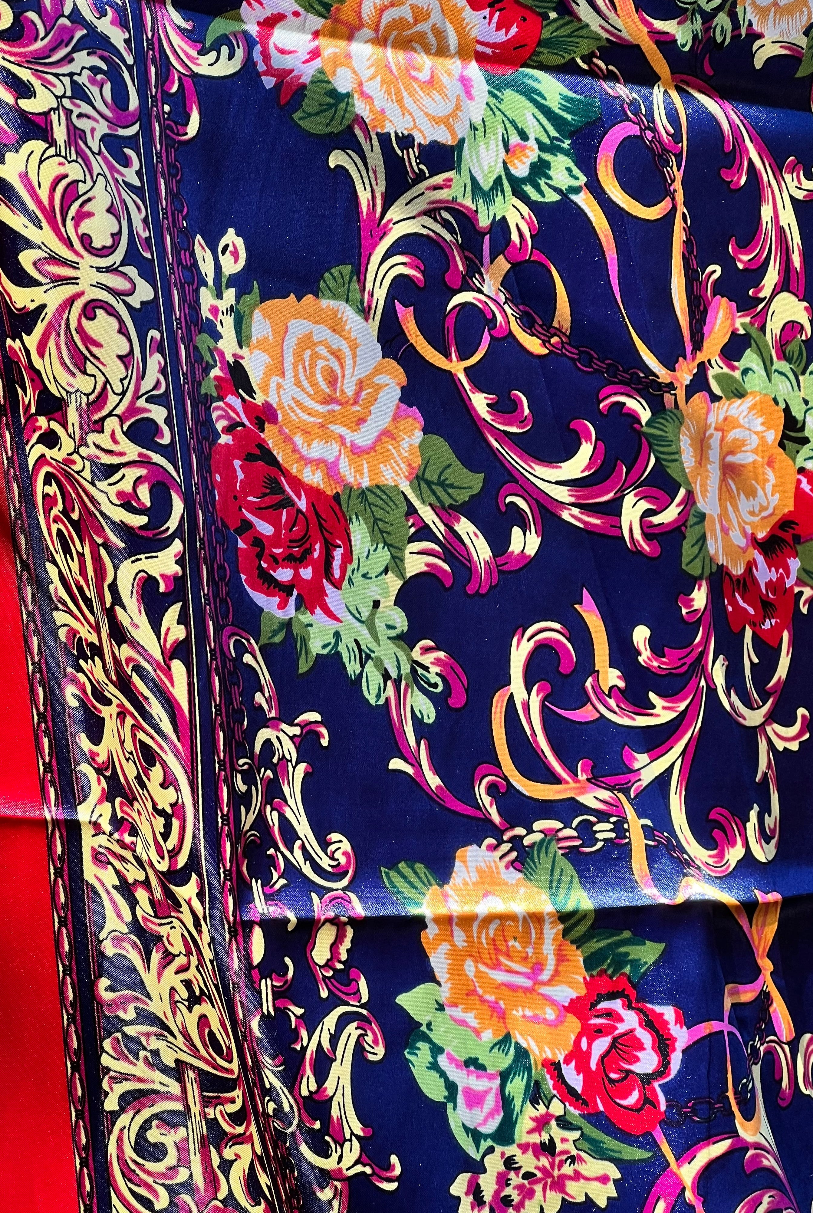 Navy satin scarf with gold baroque scrolls and floral print in red and peach - vintage boho scarf Australia.
