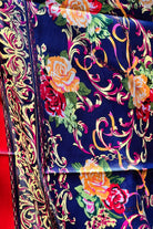 Navy satin scarf with gold baroque scrolls and floral print in red and peach - vintage boho scarf Australia.