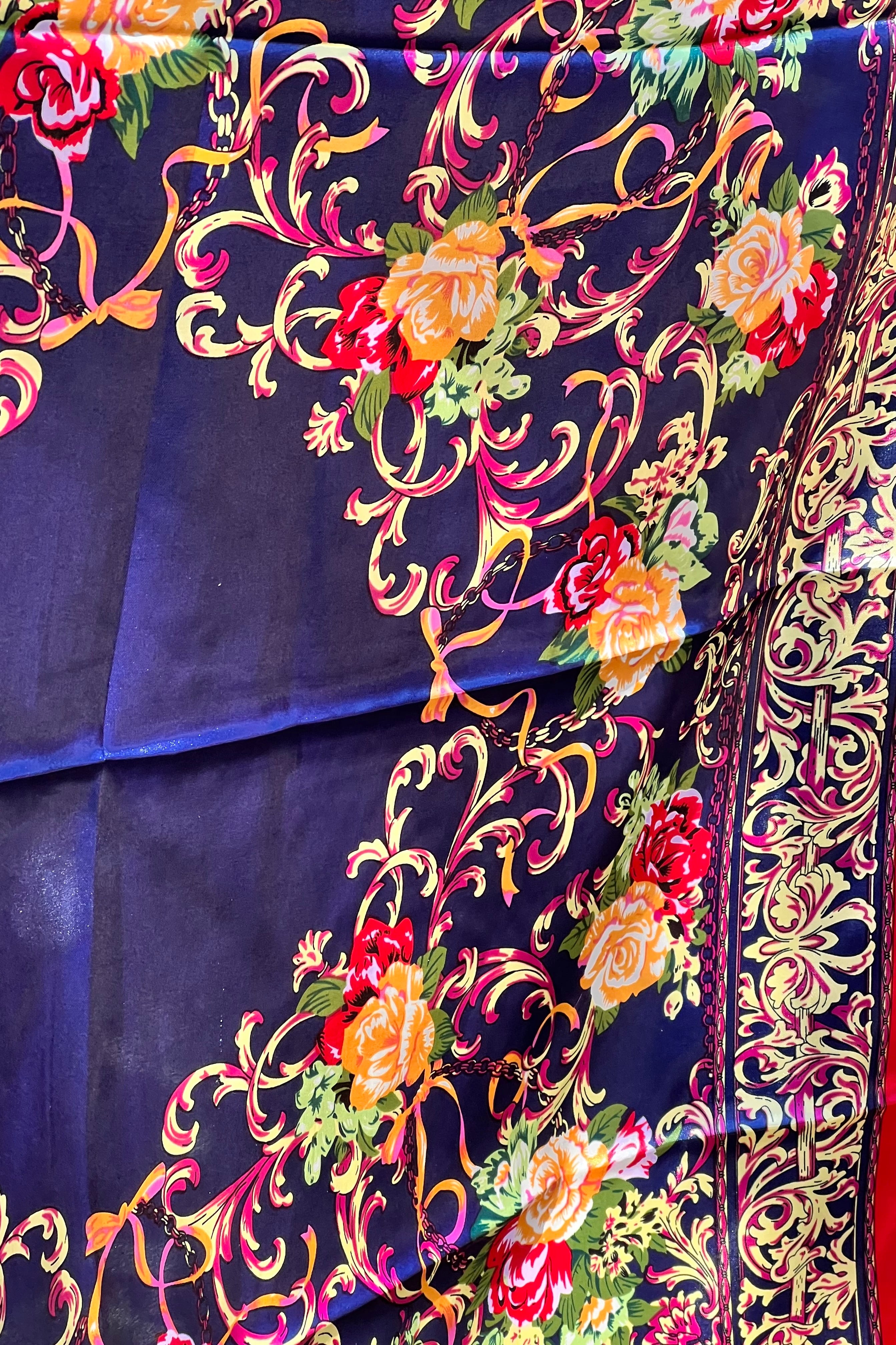 Navy satin scarf with gold baroque scrolls and floral print in red and peach - vintage boho scarf Australia.