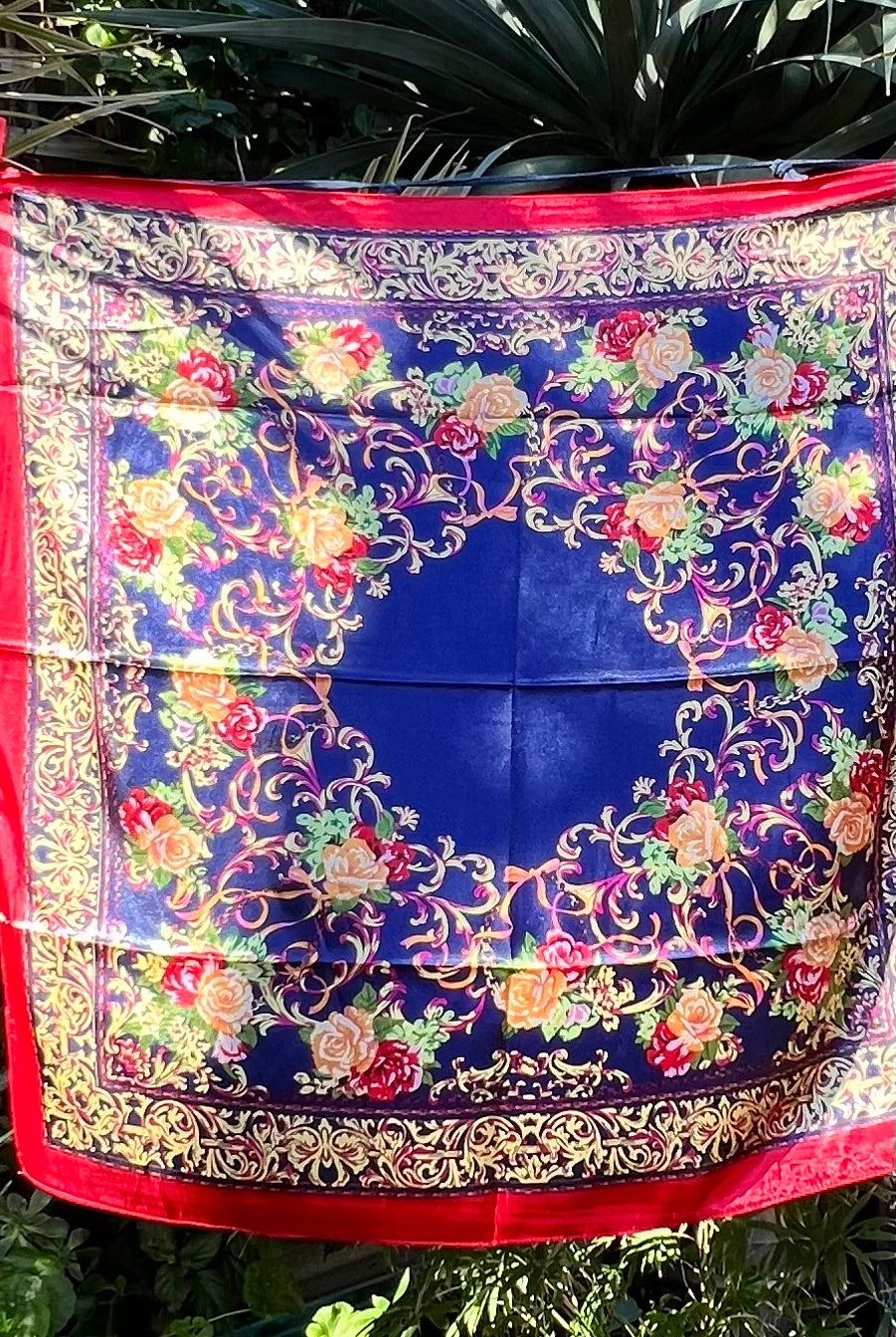 Navy satin scarf with gold baroque scrolls and floral print in red and peach - vintage boho scarf Australia.