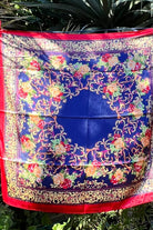 Navy satin scarf with gold baroque scrolls and floral print in red and peach - vintage boho scarf Australia.