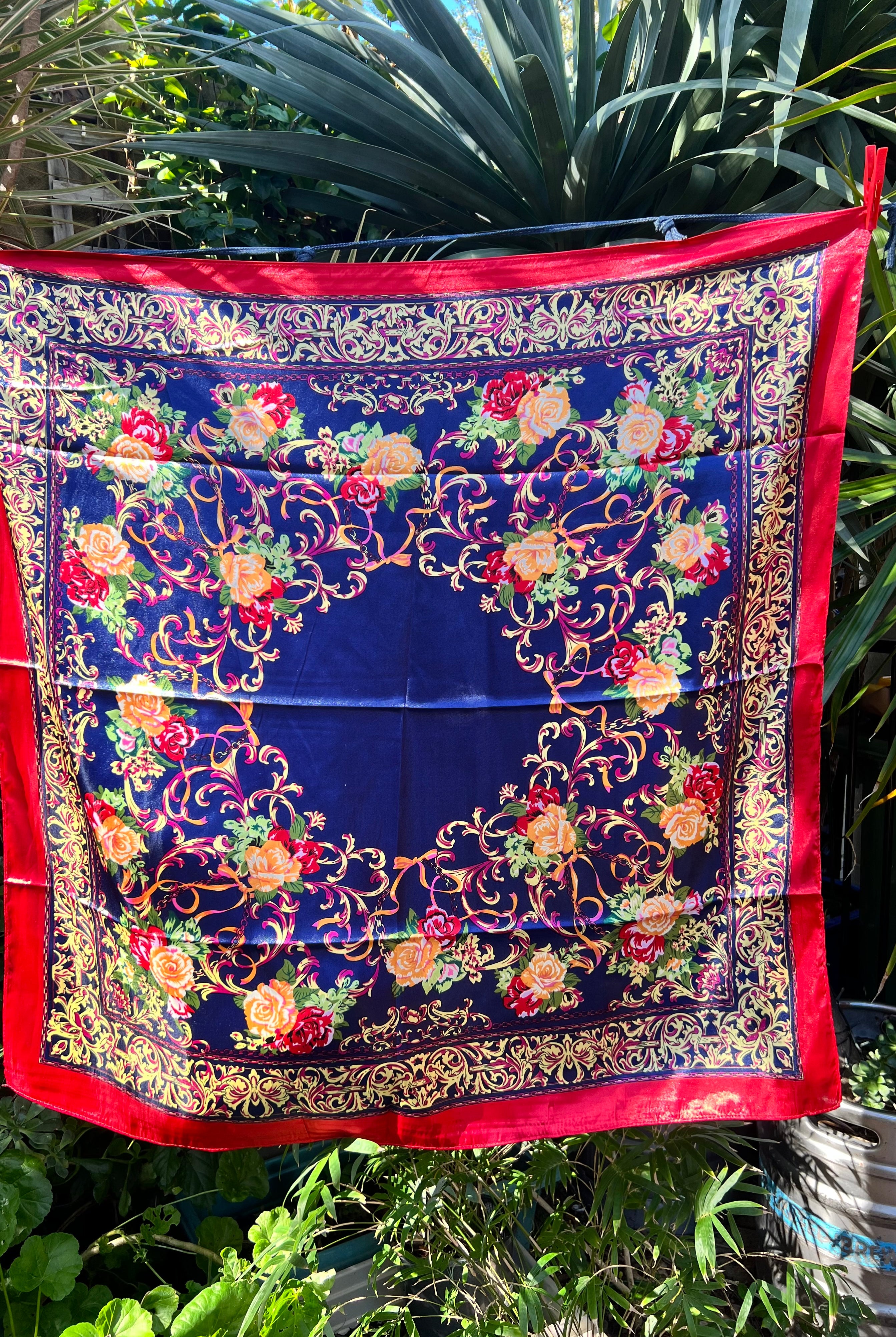 Navy satin scarf with gold baroque scrolls and floral print in red and peach - vintage boho scarf Australia.