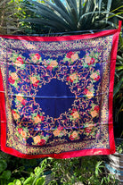 Navy satin scarf with gold baroque scrolls and floral print in red and peach - vintage boho scarf Australia.