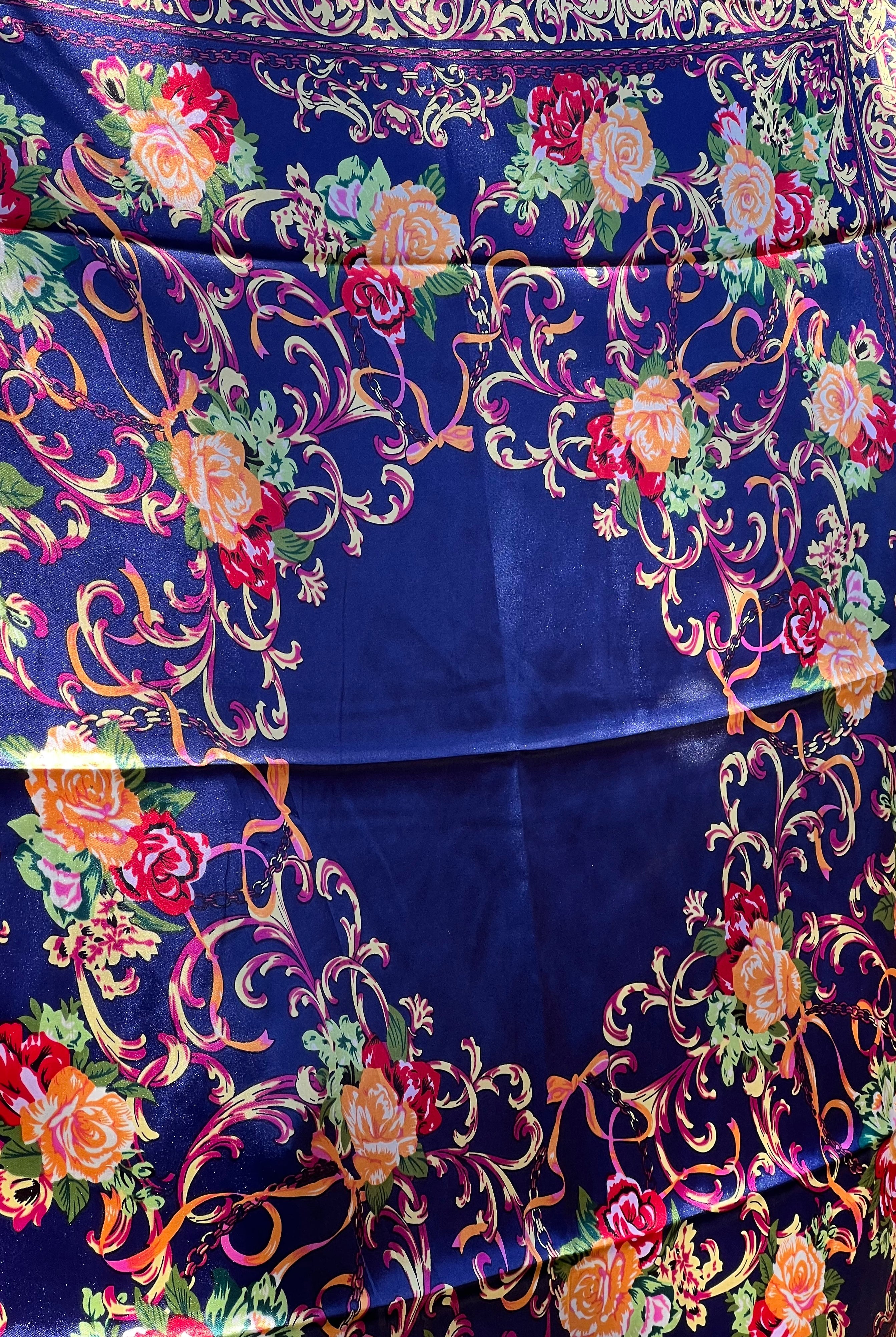 Navy satin scarf with gold baroque scrolls and floral print in red and peach - vintage boho scarf Australia.