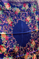 Navy satin scarf with gold baroque scrolls and floral print in red and peach - vintage boho scarf Australia.