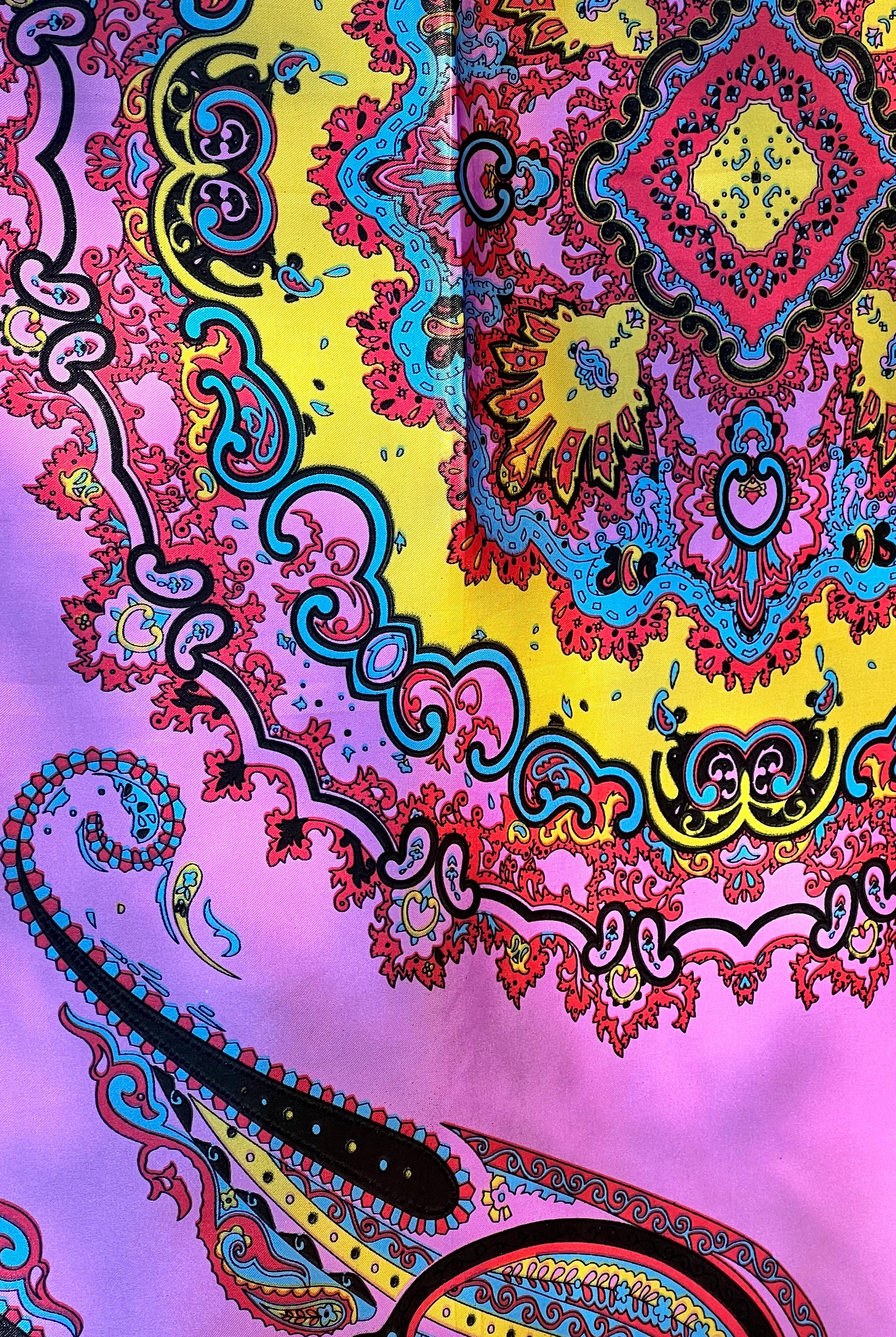 Bright silk satin scarf with paisley and mandala print in lilac, yellow, coral and teal. 90x90cm. Polyester with luxe sheen.