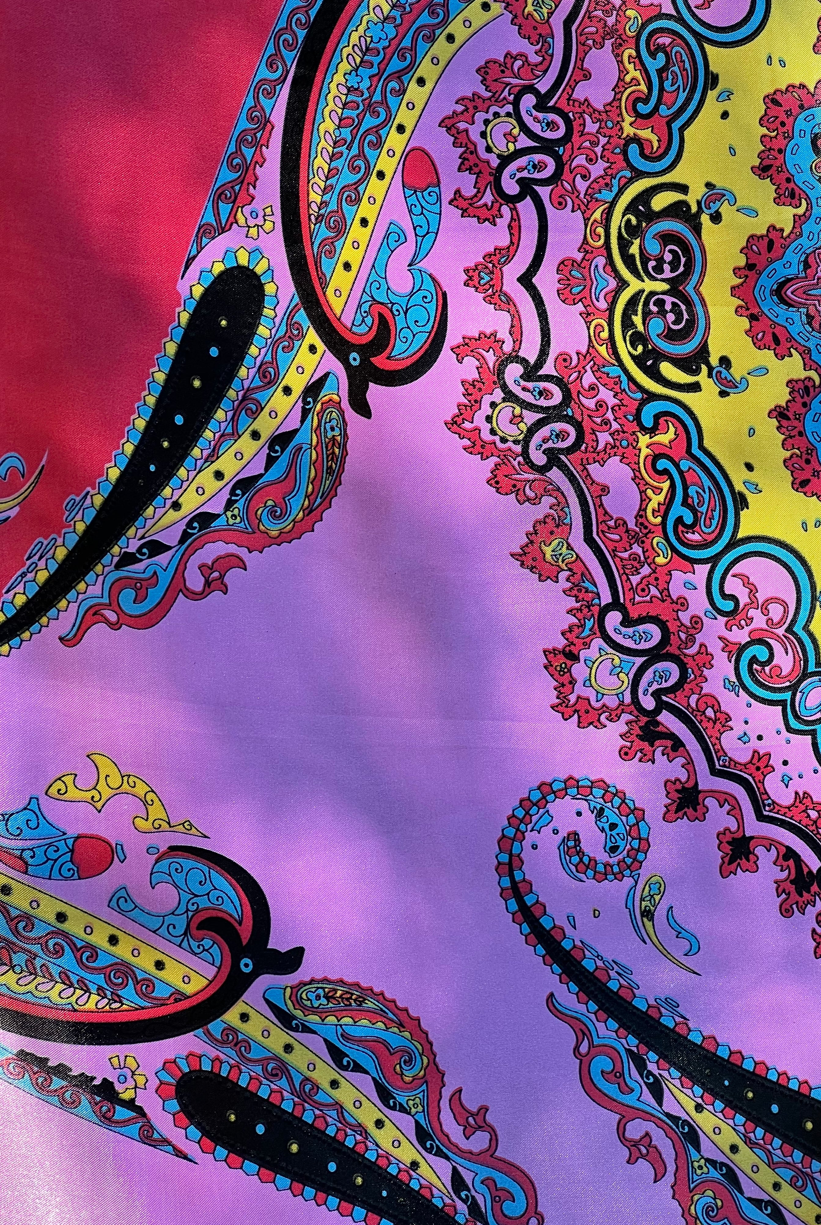 Bright silk satin scarf with paisley and mandala print in lilac, yellow, coral and teal. 90x90cm. Polyester with luxe sheen.