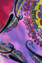 Bright silk satin scarf with paisley and mandala print in lilac, yellow, coral and teal. 90x90cm. Polyester with luxe sheen.