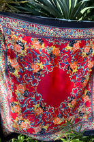 Crimson Reverie Satin Scarf with baroque gold scrolls and floral print in orange black and ivory - 90x90cm satin scarf.