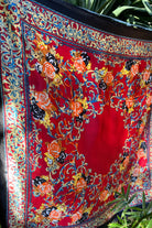 Crimson Reverie Satin Scarf with baroque gold scrolls and floral print in orange black and ivory - 90x90cm satin scarf.