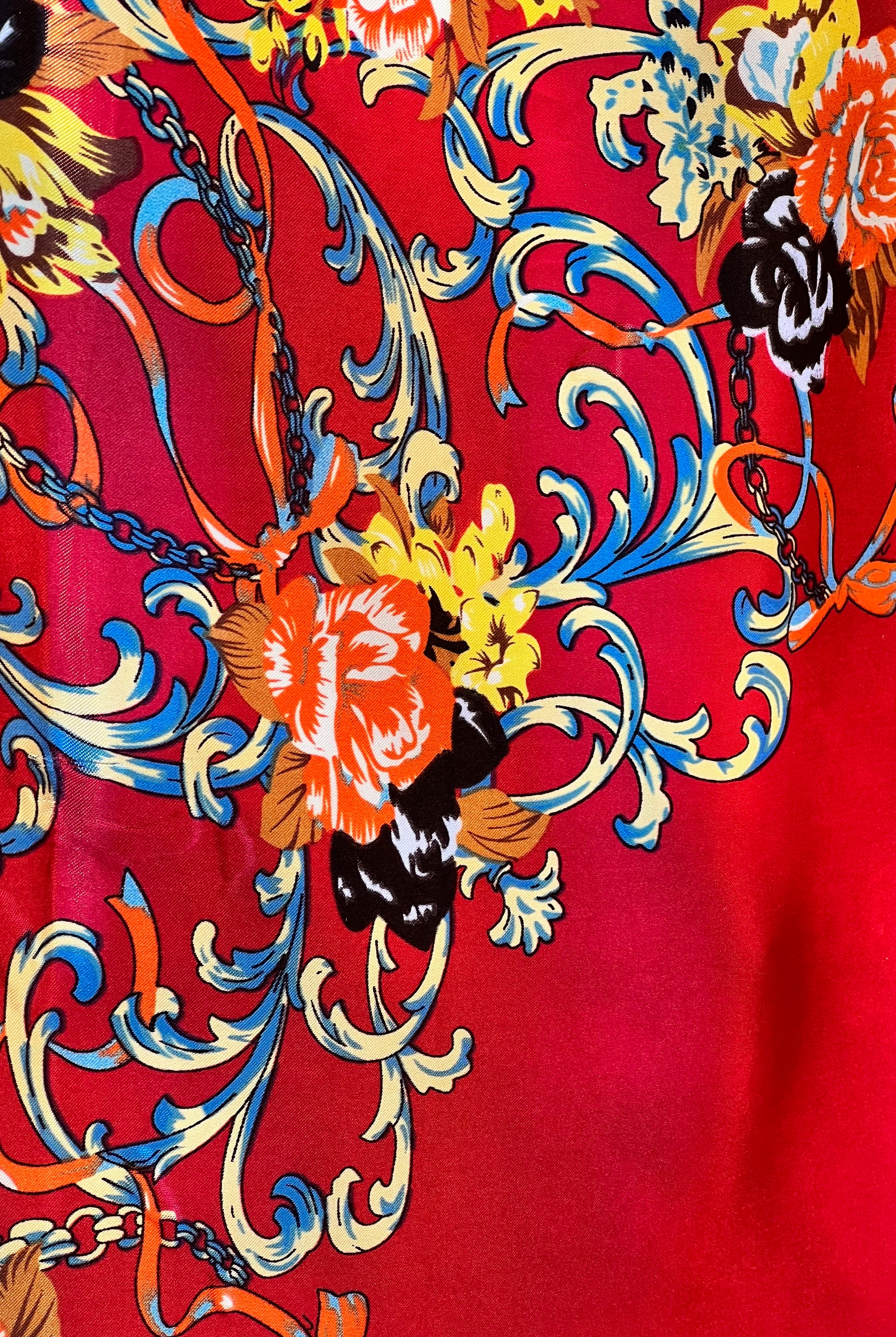 Crimson Reverie Satin Scarf with baroque gold scrolls and floral print in orange black and ivory - 90x90cm satin scarf.
