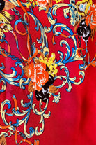 Crimson Reverie Satin Scarf with baroque gold scrolls and floral print in orange black and ivory - 90x90cm satin scarf.