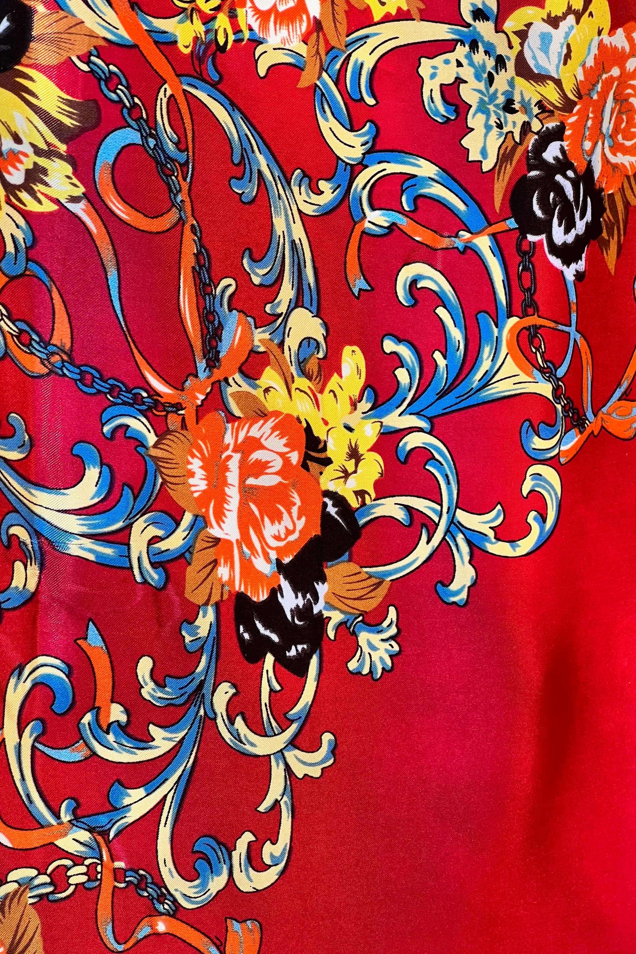 Crimson Reverie Satin Scarf with baroque gold scrolls and floral print in orange black and ivory - 90x90cm satin scarf.
