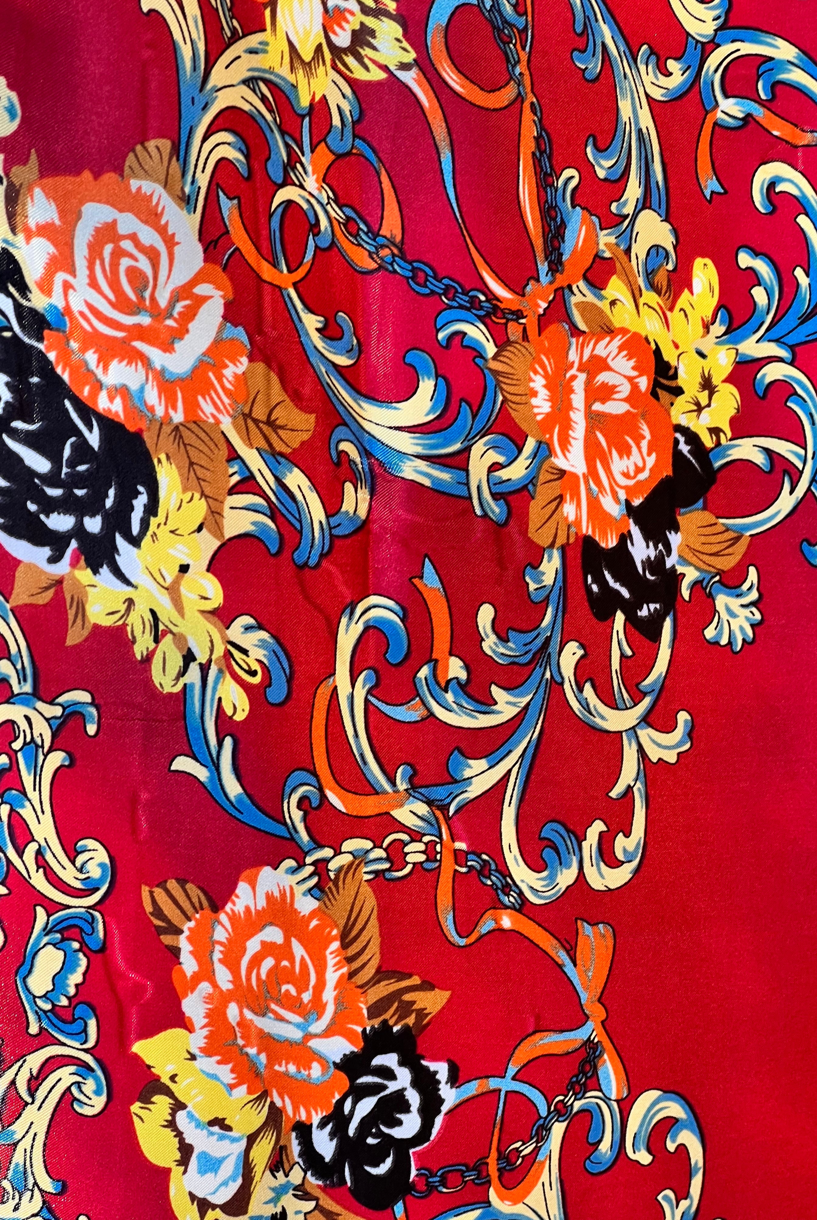 Crimson Reverie Satin Scarf with baroque gold scrolls and floral print in orange black and ivory - 90x90cm satin scarf.