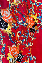 Crimson Reverie Satin Scarf with baroque gold scrolls and floral print in orange black and ivory - 90x90cm satin scarf.