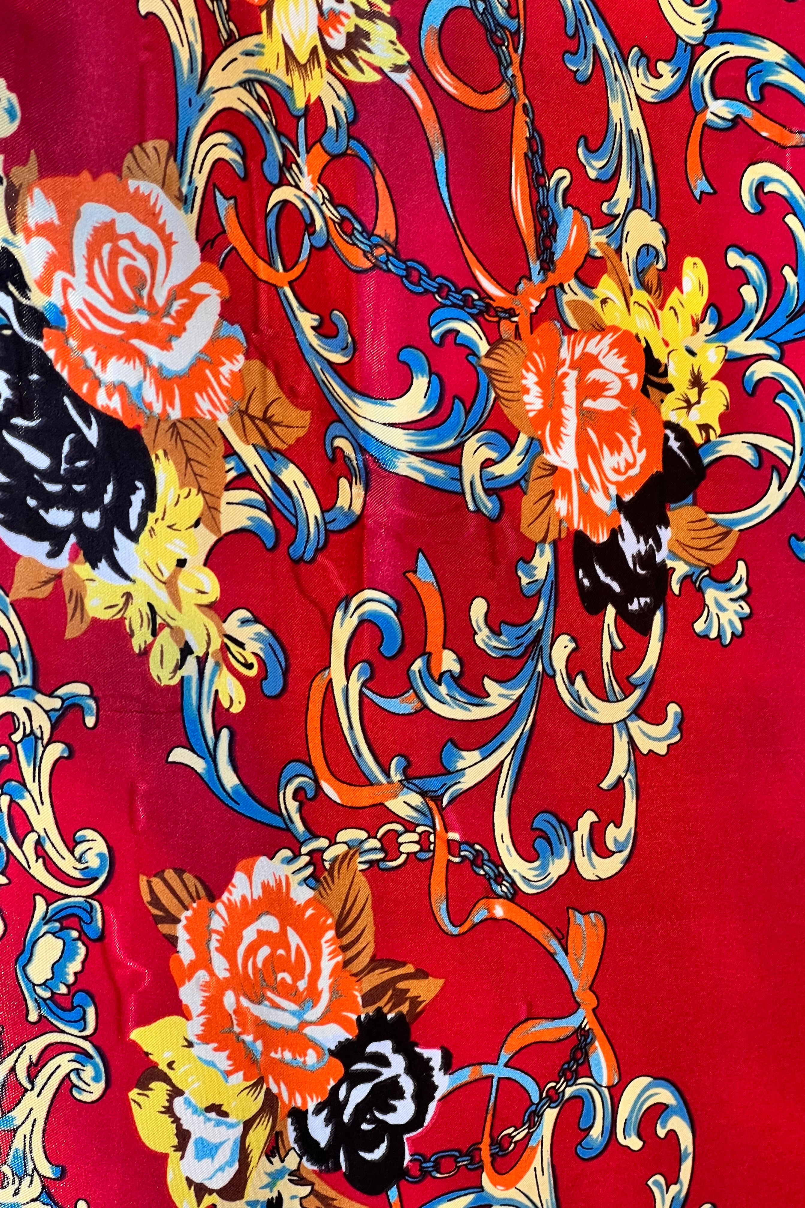 Crimson Reverie Satin Scarf with baroque gold scrolls and floral print in orange black and ivory - 90x90cm satin scarf.
