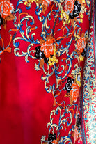 Crimson Reverie Satin Scarf with baroque gold scrolls and floral print in orange black and ivory - 90x90cm satin scarf.