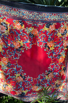 Crimson Reverie Satin Scarf with baroque gold scrolls and floral print in orange black and ivory - 90x90cm satin scarf.