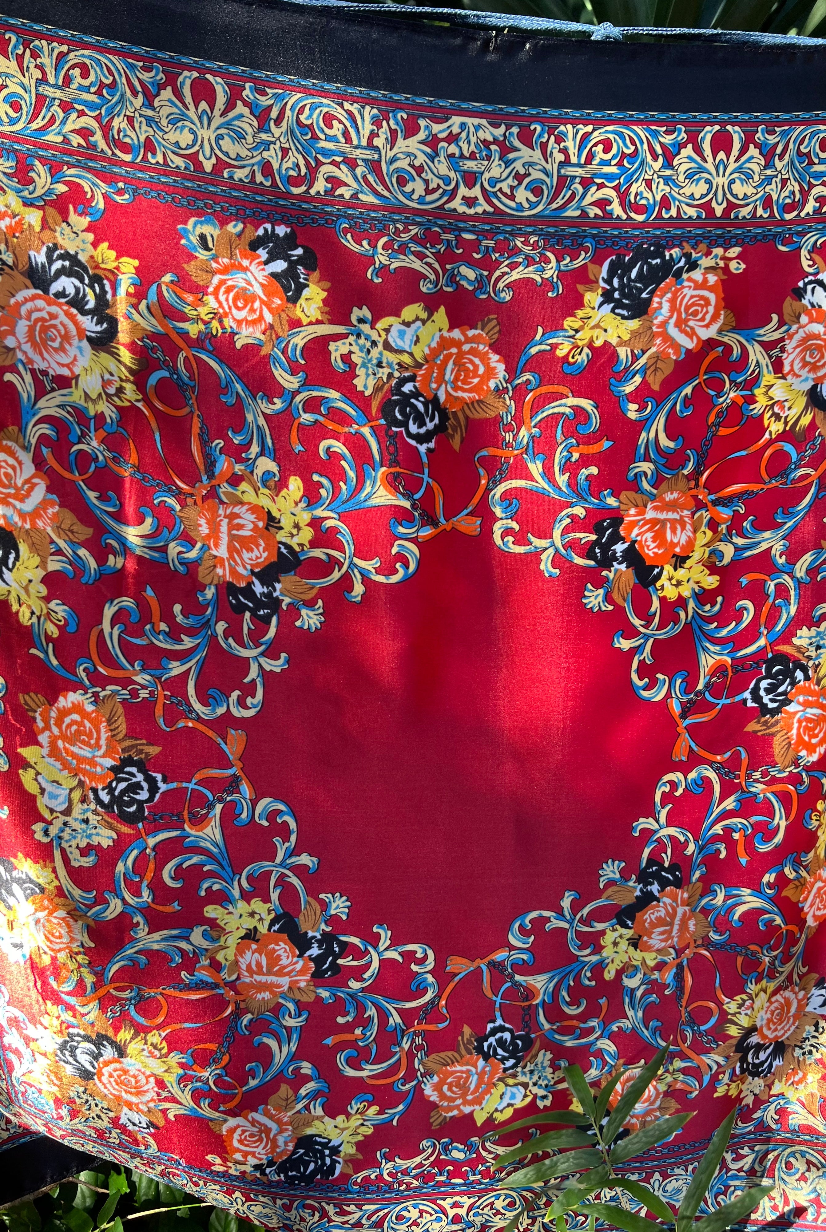Crimson Reverie Satin Scarf with baroque gold scrolls and floral print in orange black and ivory - 90x90cm satin scarf.
