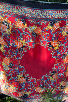 Crimson Reverie Satin Scarf with baroque gold scrolls and floral print in orange black and ivory - 90x90cm satin scarf.