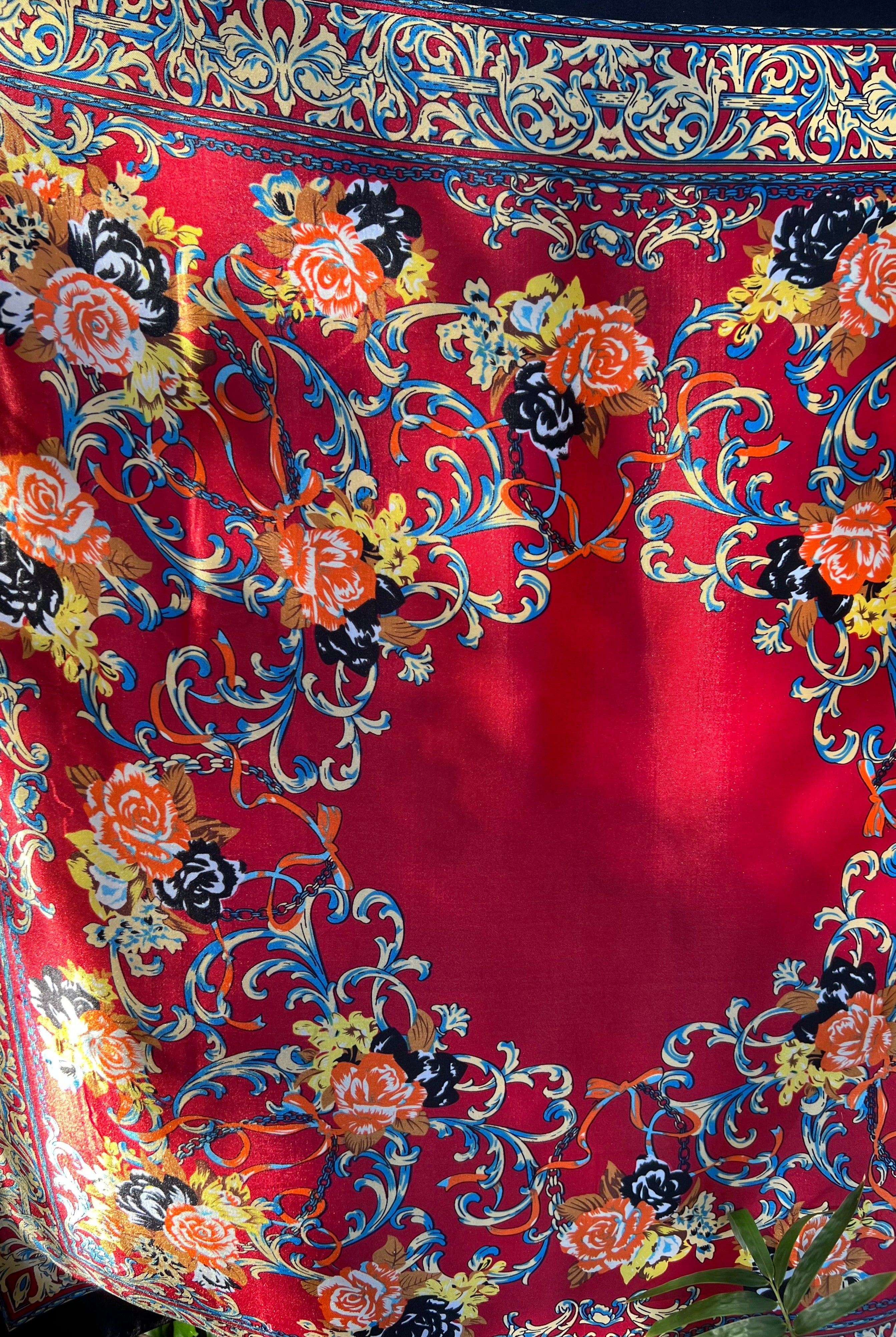Crimson Reverie Satin Scarf with baroque gold scrolls and floral print in orange black and ivory - 90x90cm satin scarf.